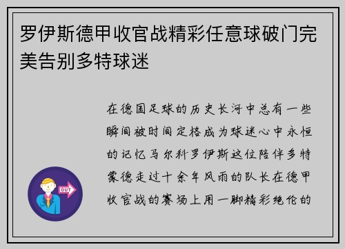 罗伊斯德甲收官战精彩任意球破门完美告别多特球迷